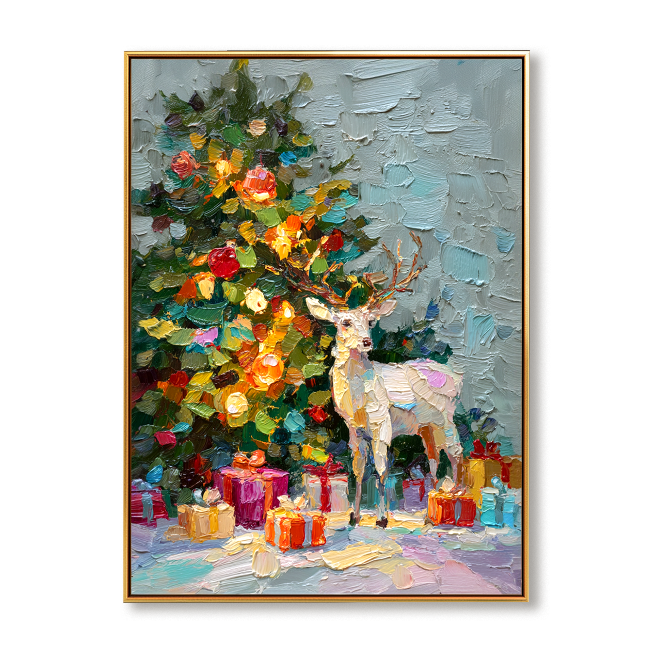 Golden Reindeer – Textured Christmas Tree Oil Painting