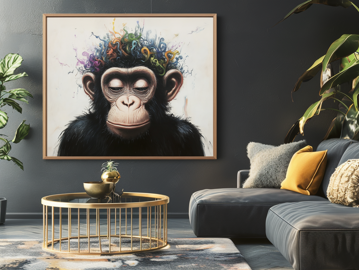 Inner Muse - Whimsical Surreal Chimpanzee Art Print, Colorful Curly Patterns Monkey Painting for Home Decor
