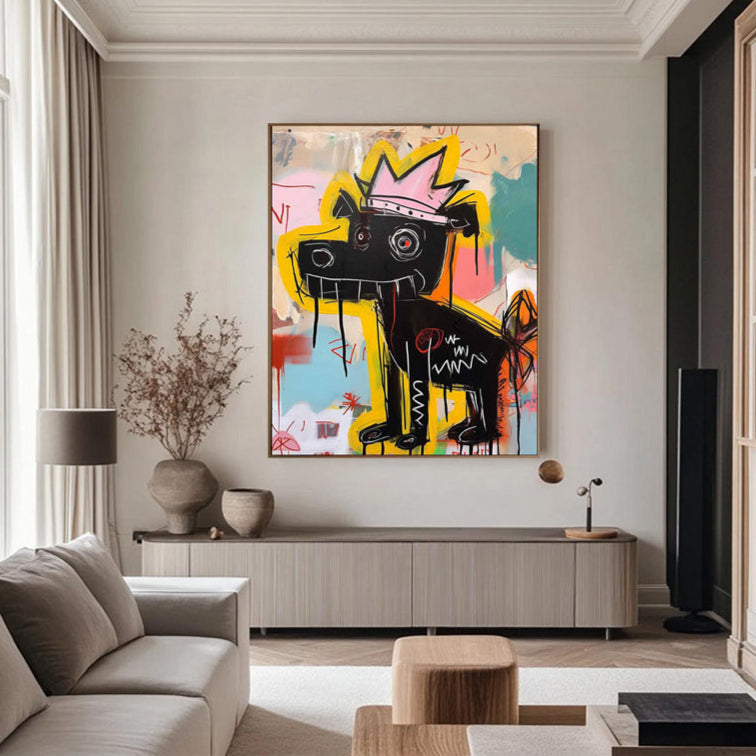 Crowned Canine – Vibrant Graffiti Art Black Dog with Crown Wall Decor, Street Art Painting for Home Decoration