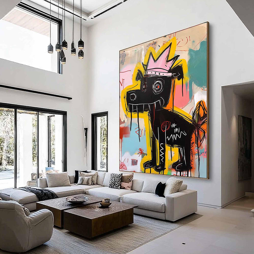 Crowned Canine – Vibrant Graffiti Art Black Dog with Crown Wall Decor, Street Art Painting for Home Decoration