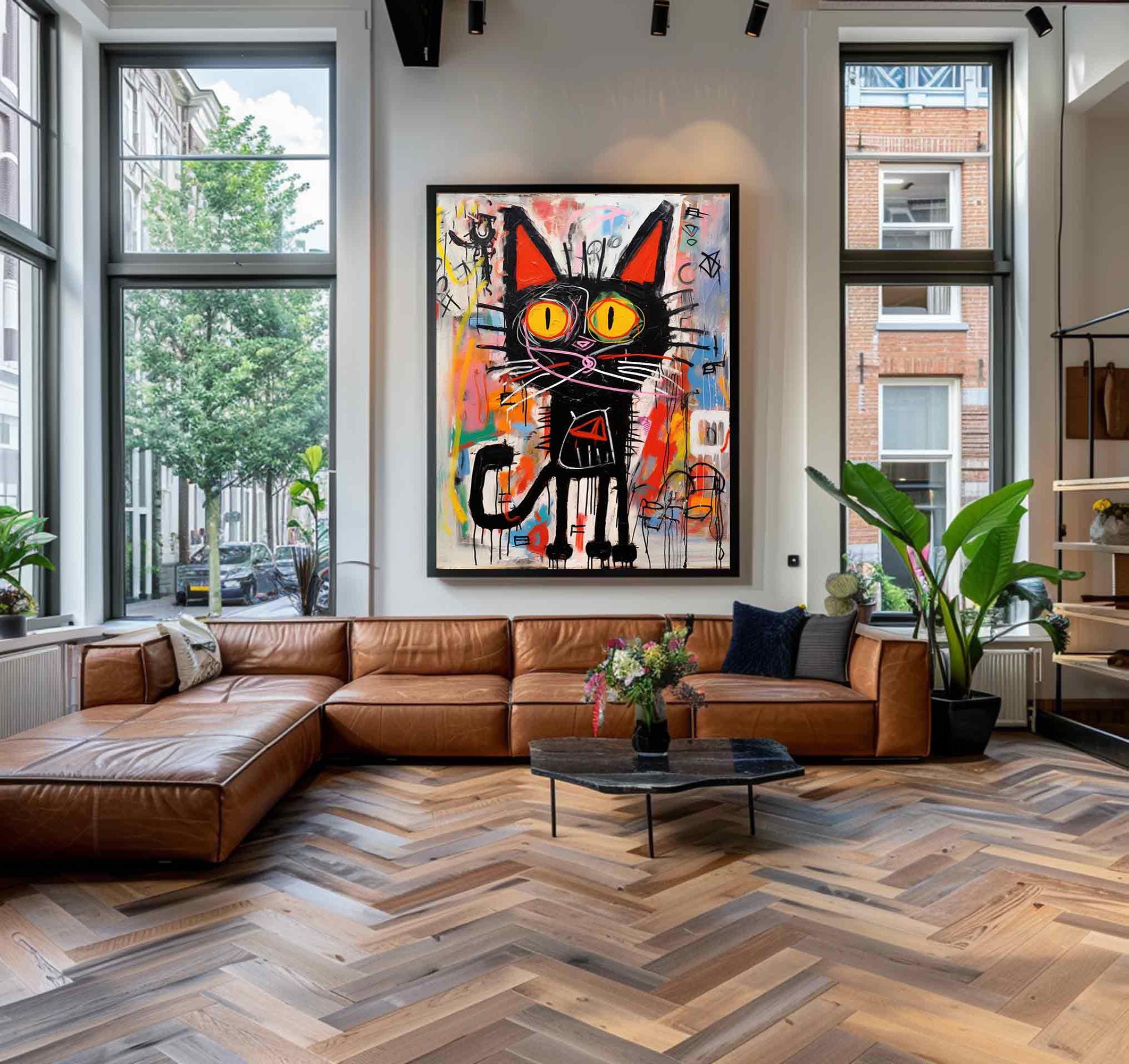 Neon Feline – Vibrant Graffiti Art Black Cat Wall Decor, Street Style Modern Art