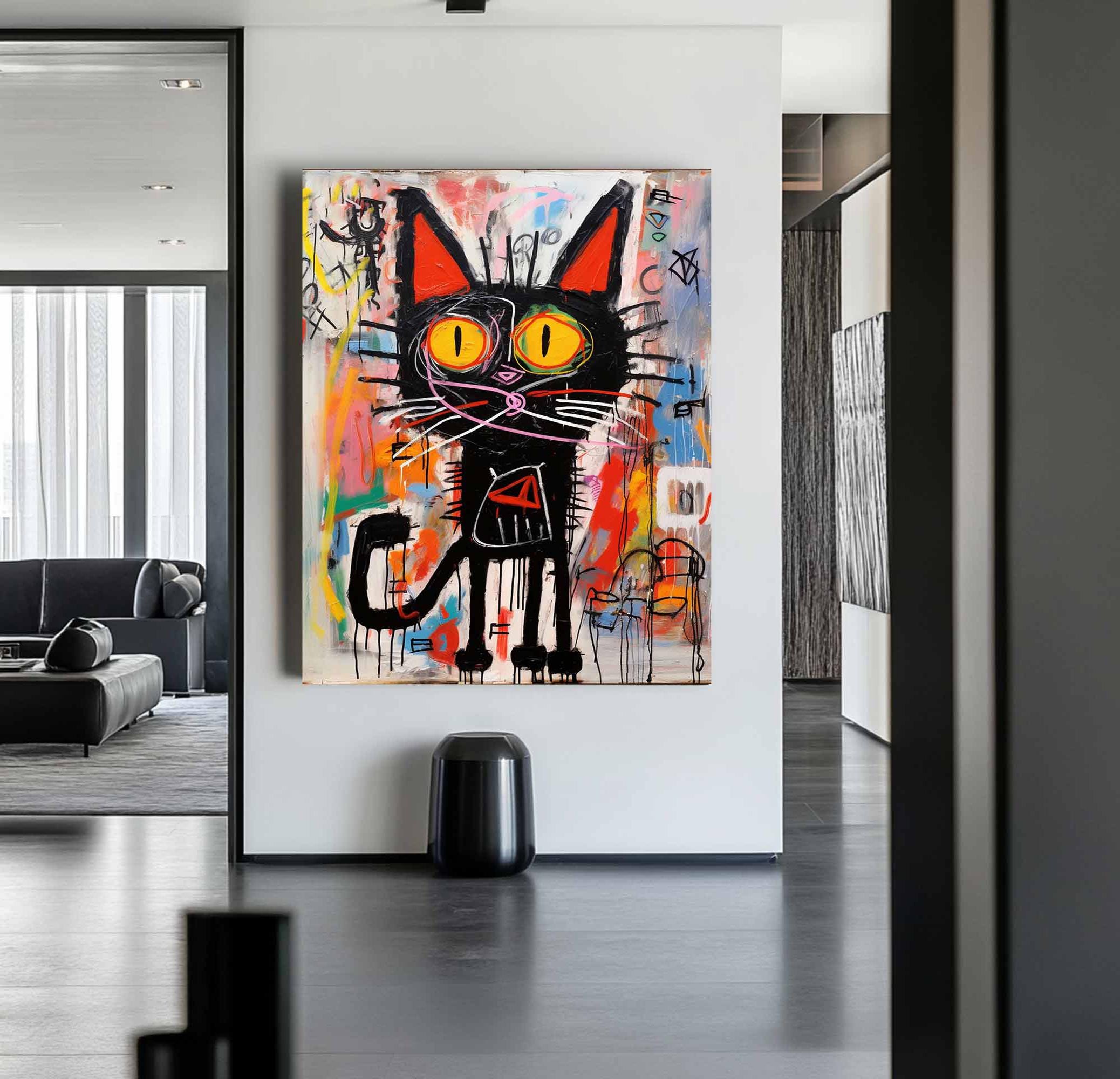 Neon Feline – Vibrant Graffiti Art Black Cat Wall Decor, Street Style Modern Art
