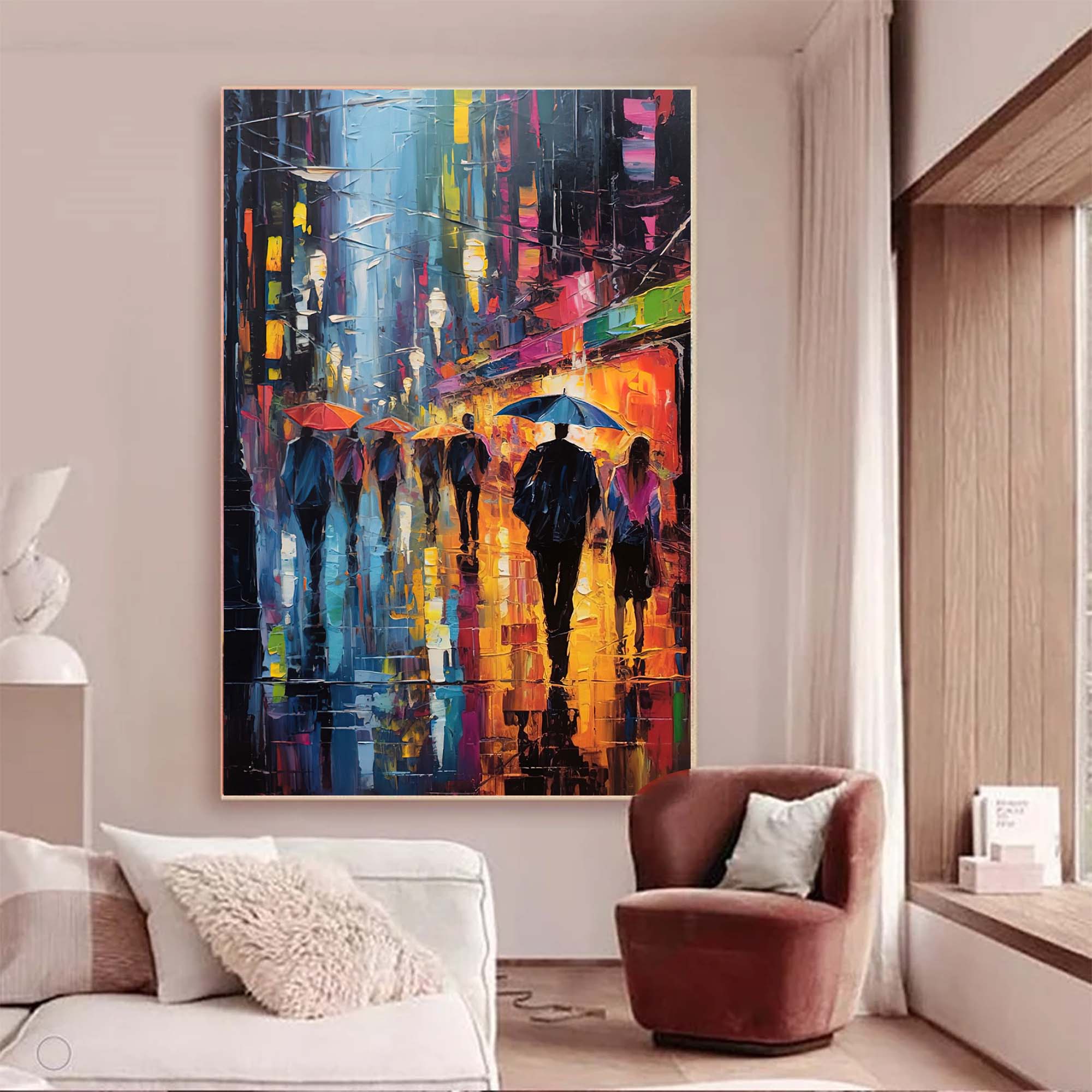 Wallart Rainy Night City Stroll Oil Painting