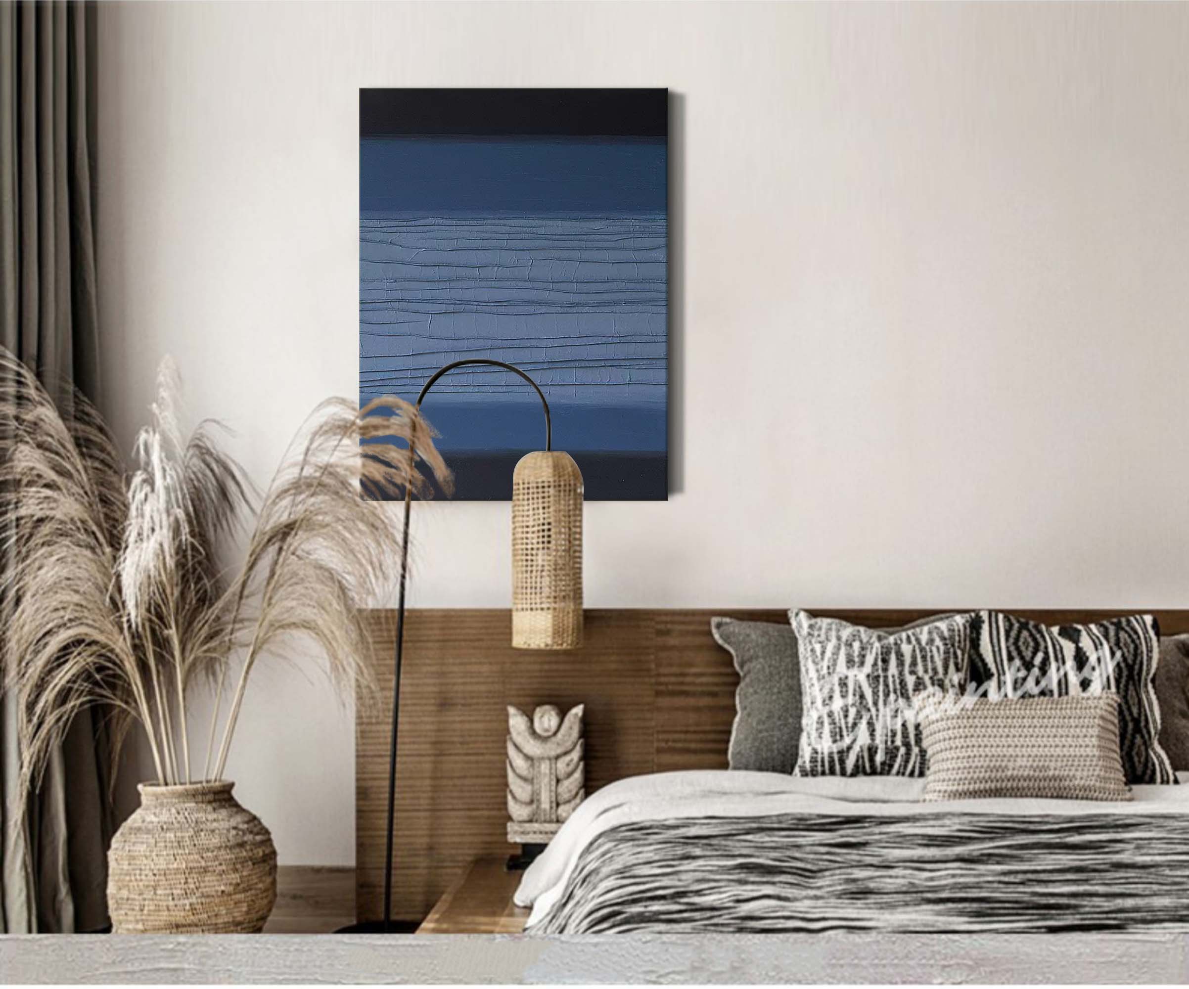Wallart Textured Blue and Black Abstract Oil Painting – Contemporary Wall Art