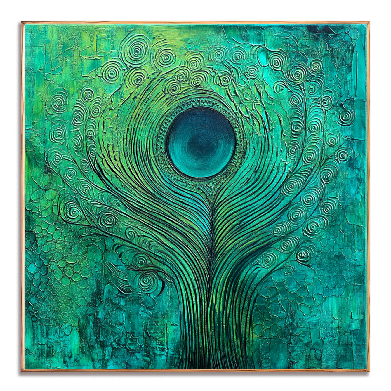 Emerald Pulse - Textured Blue and Green Abstract Feather Oil Painting