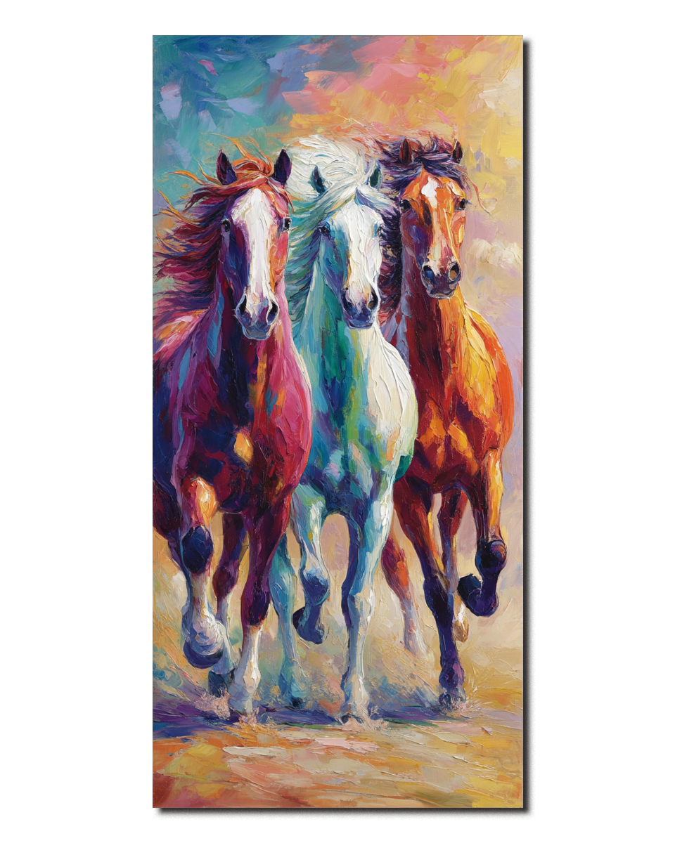 Vibrant Colorful Running Horses Oil Painting - Expressive Animal Wall Art for Home Decor