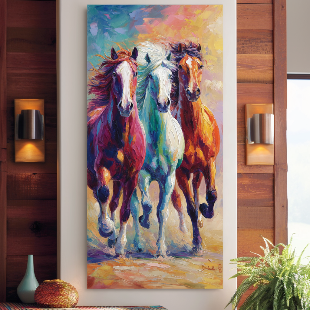 Vibrant Colorful Running Horses Oil Painting - Expressive Animal Wall Art for Home Decor