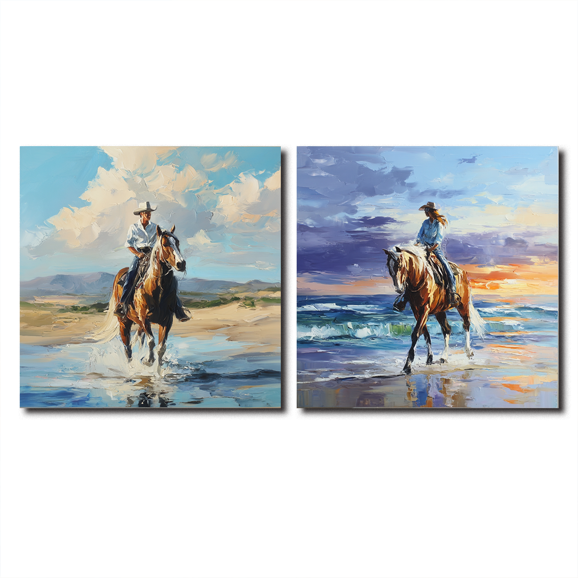 Western Beach Horse Riding Wall Art – Cowboy and Cowgirl Canvas Set