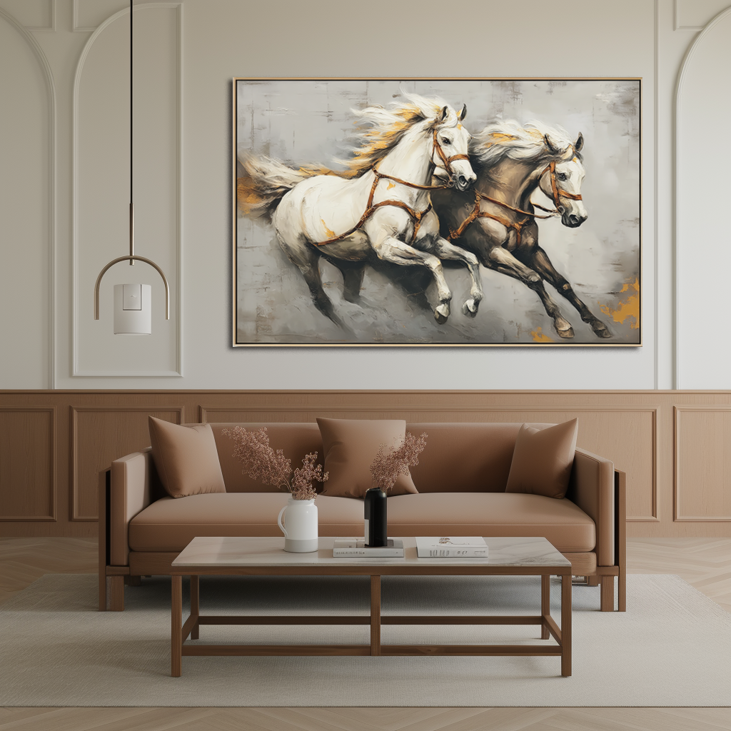 White Galloping Horse Canvas Art – Modern Abstract Horse Wall Decor