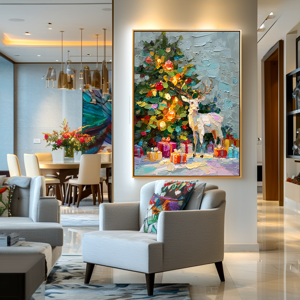 Golden Reindeer – Textured Christmas Tree Oil Painting