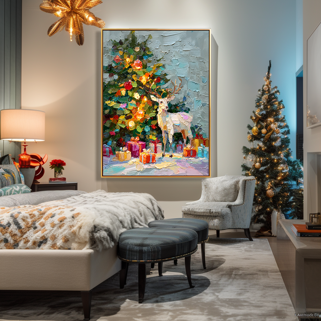 Golden Reindeer – Textured Christmas Tree Oil Painting