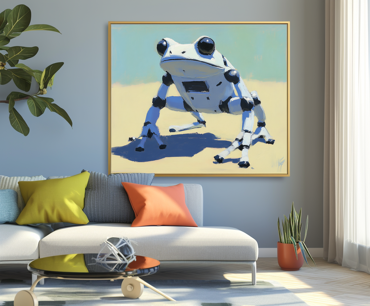 RoboFrog: Futuristic Robot Frog Oil Painting - Whimsical Tech-Inspired Wall Art, Modern Decor for Geeky & Contemporary Homes