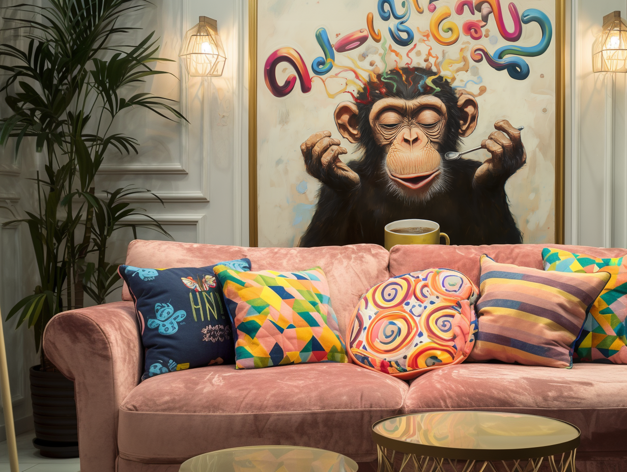 Caffeine Muse : Whimsical Monkey Drinking Coffee with Colorful Abstract Letters - Playful Oil Painting, Unique Wall Decor for Modern Living Spaces
