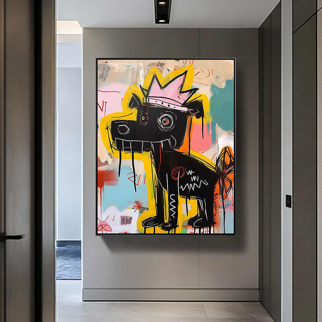 Crowned Canine – Vibrant Graffiti Art Black Dog with Crown Wall Decor, Street Art Painting for Home Decoration