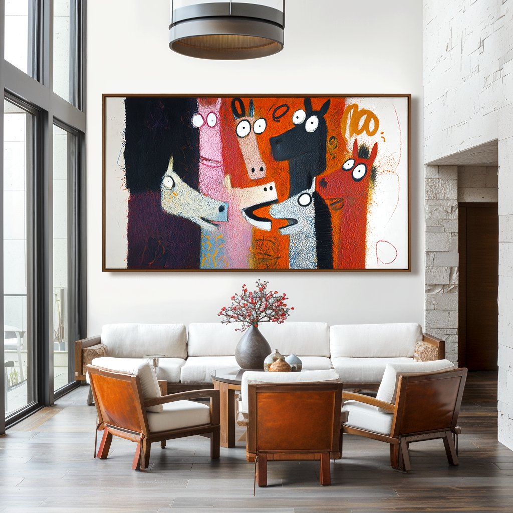 Playful Herd — Abstract Horse Oil Painting, Naive Art Textured Wall Art